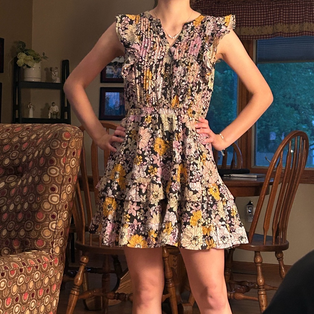 STEVE MADDEN Floral Ruffle Tiered Mini Dress - Black with Pink & Yellow Flowers